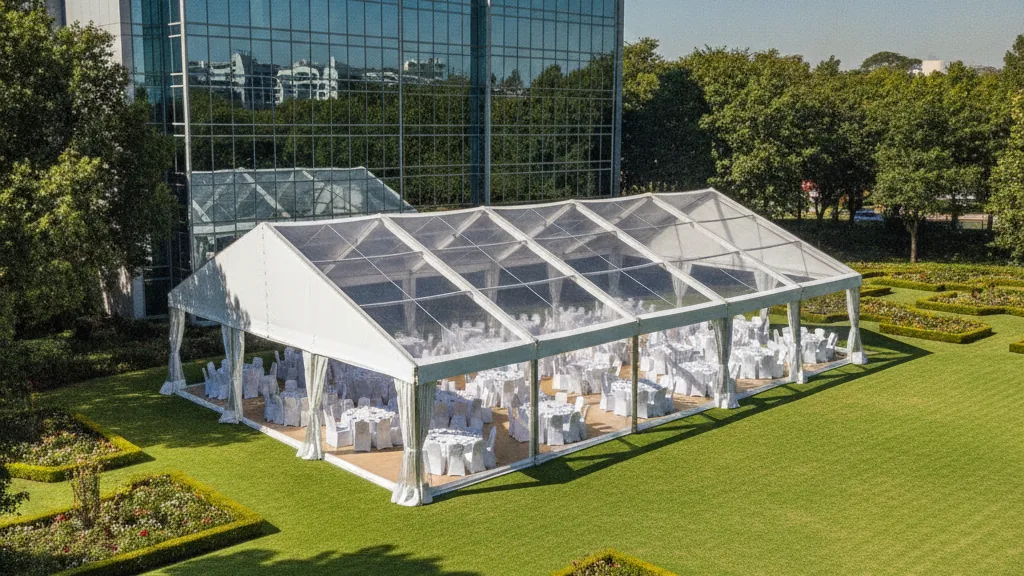 White frame marquee set for a year-end function on an East Rand company lawn