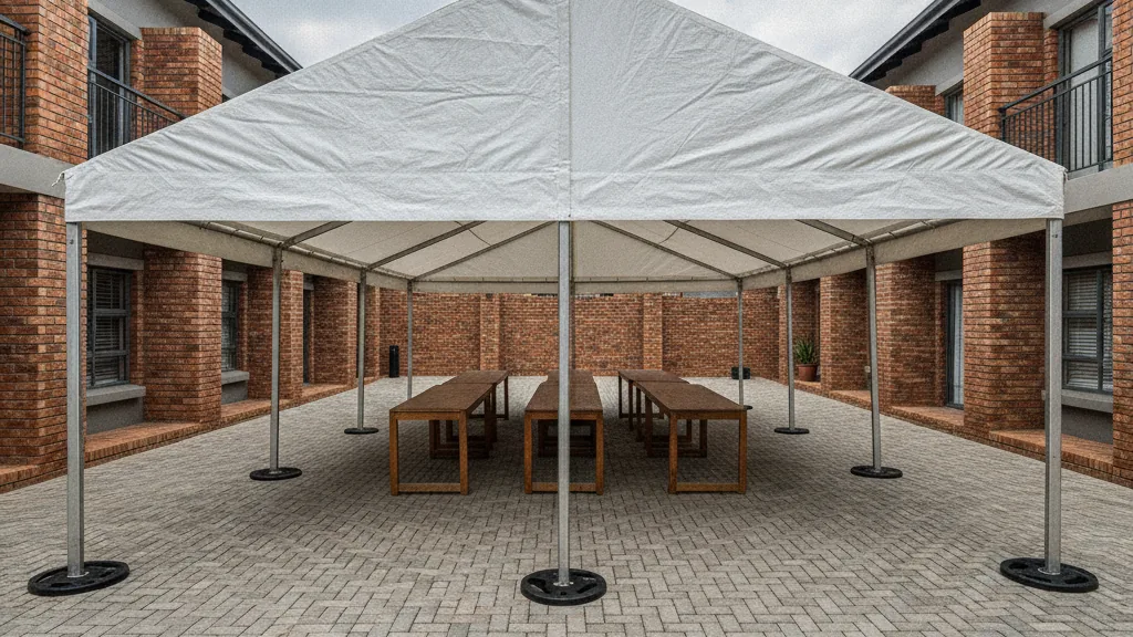Aluminium frame tent standing on weight plates on paving in a Johannesburg complex courtyard