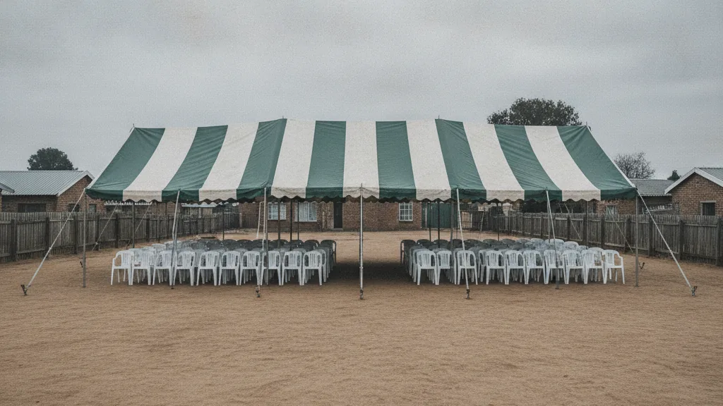 Green and white striped funeral tent with rows of white plastic chairs in a Johannesburg township yard