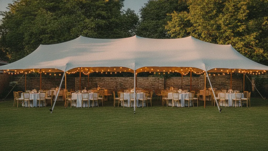 White stretch tent function setup with festoon lights on a Johannesburg garden lawn at dusk