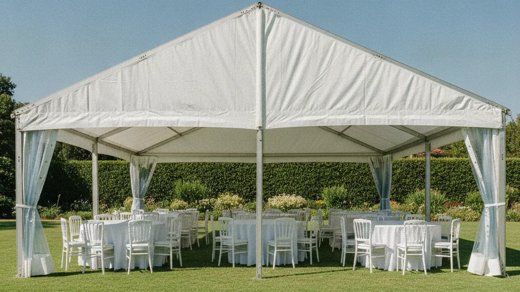 White frame marquee with round tables and white linen on a Highveld garden lawn in Johannesburg