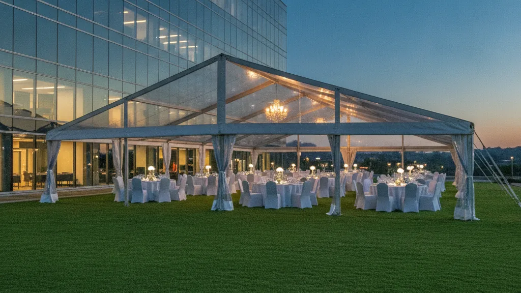 Glass-roof marquee with chandelier and dressed tables beside a glass office building at dusk in Sandton