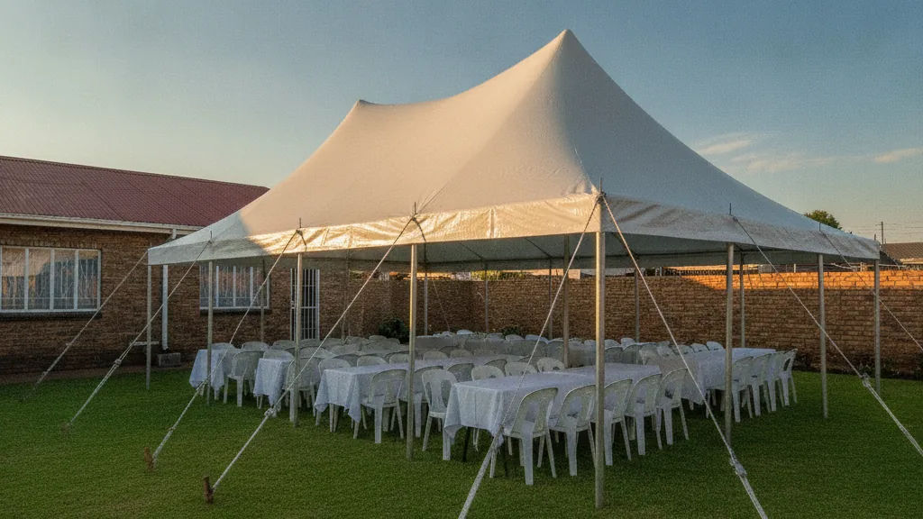 Peg-and-pole function tent with plastic chairs and tables set up in a Soweto yard at golden hour
