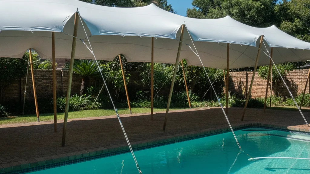 Waterproof white stretch tent tensioned over a Johannesburg garden and pool area