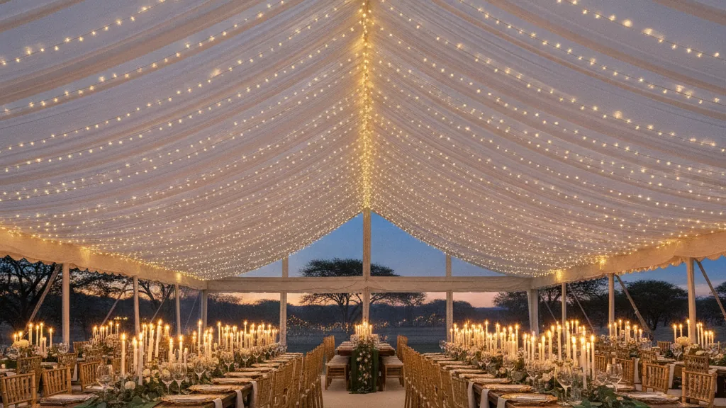 Fairy-lit white wedding marquee interior with candlelit feast tables at dusk
